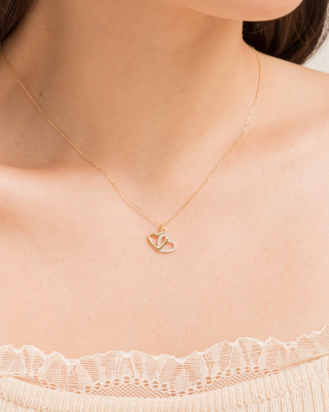 Mini Pavé and Gold Twin Hearts Necklace