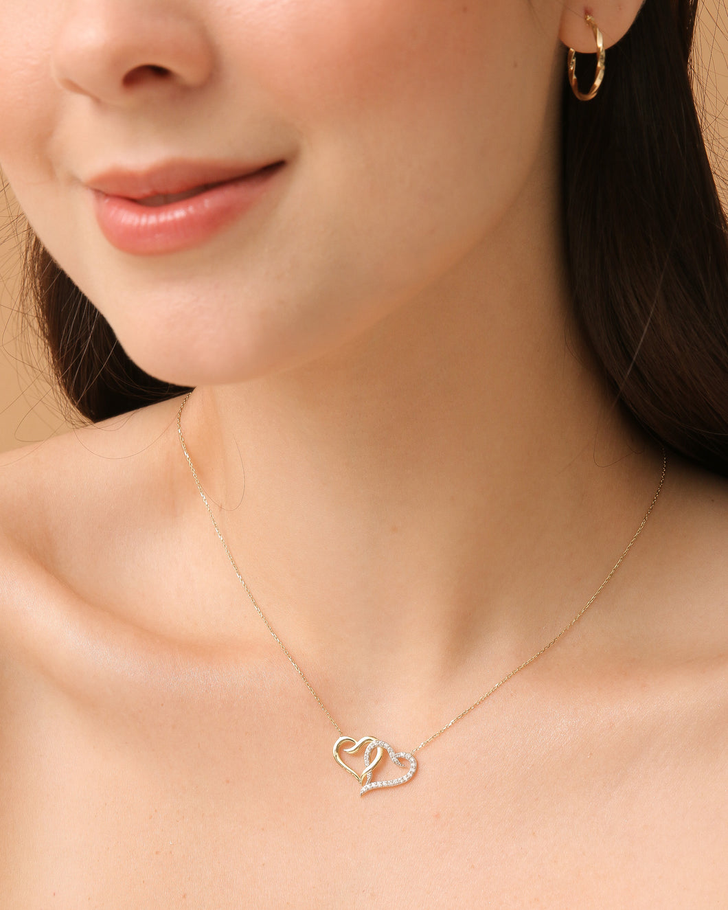 Pavé and Gold Twin Hearts Necklace